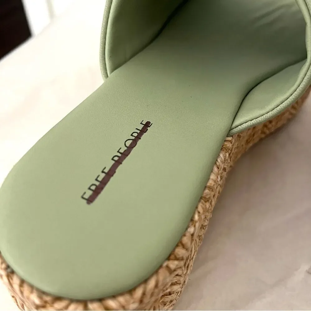 Free People Harbor Raffia Platform Wedge Platform Sandal Light Sage‎ Size 7 NIB